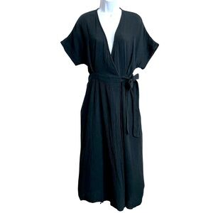 Marine Layer Womens Valencia Double Gauze Wrap Dress M Black Midi Coastal Beachy